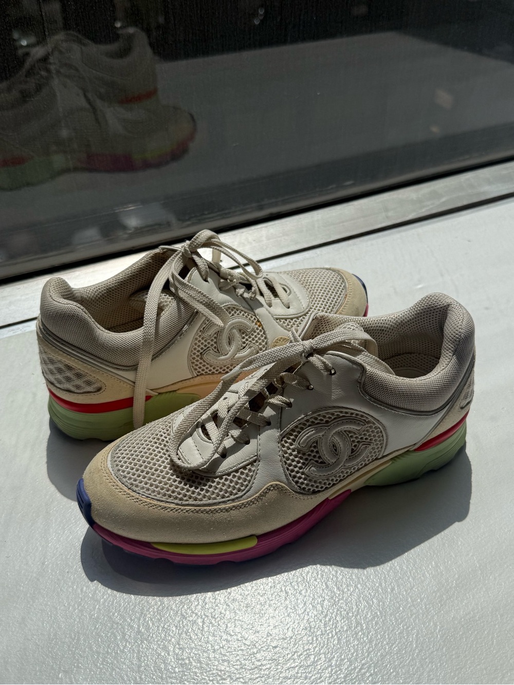 VINTAGE CHANEL White Leather & Suede CC Trainer with Pink, Green & Yellow Accent - Picture 10 of 11